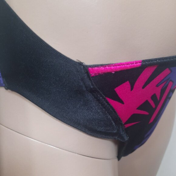 Vintage 90s High Cut Bikini Set Size XS Hot Pink Purple Black 2 Piece Halter - Picture 10 of 12